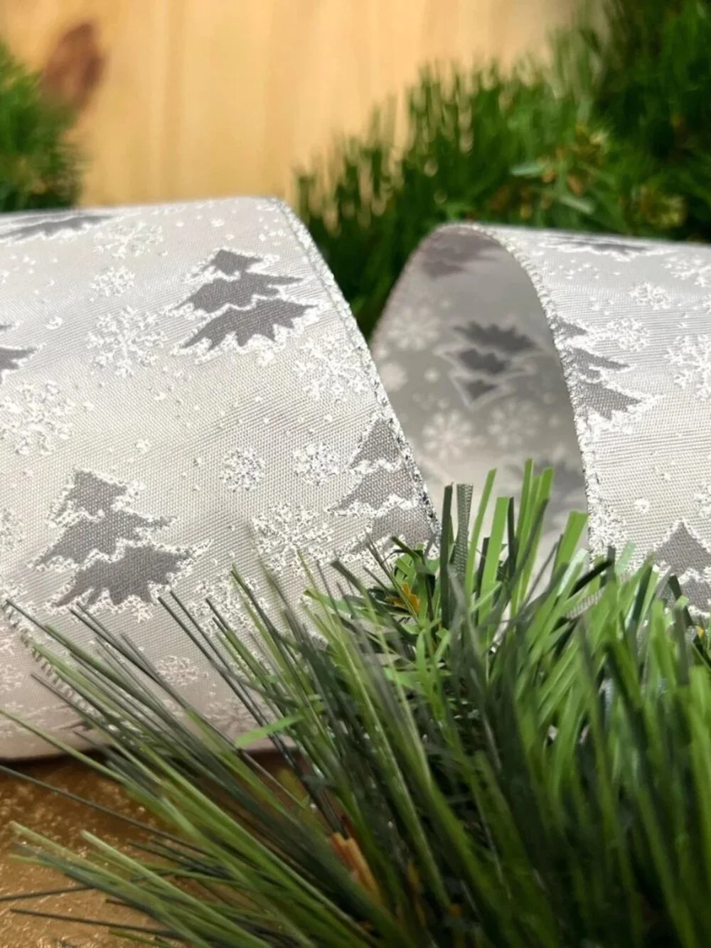 Silver Christmas Trees Wired Edge Ribbon 2.5 Inch Holiday Craft Supplies
